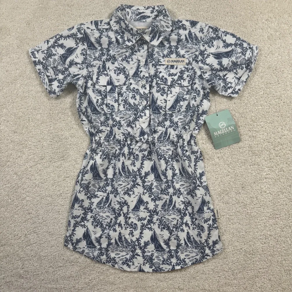 Magellan Outdoors Nautical Toile Fishing Dress XS 6-6X Girls White Blue